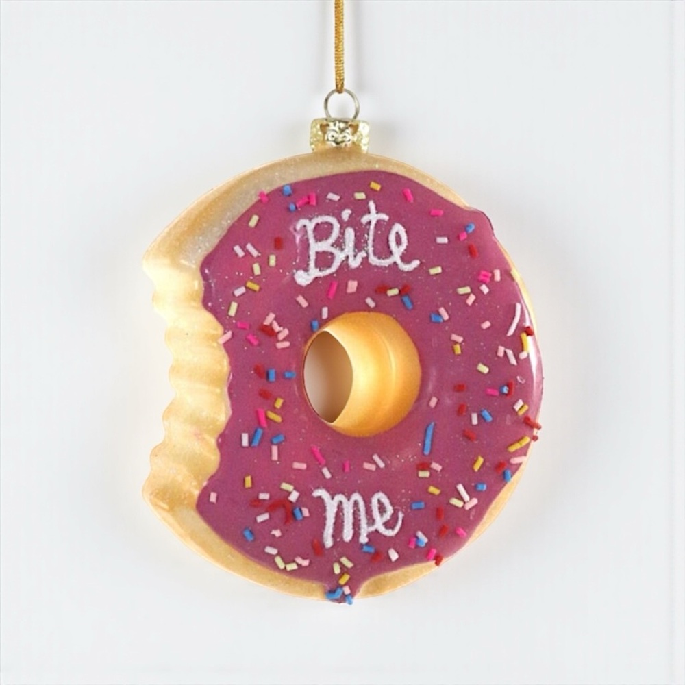 Cody Foster Donut Ornament “Bite Me” Pink Glass Xmas Ornament NWT